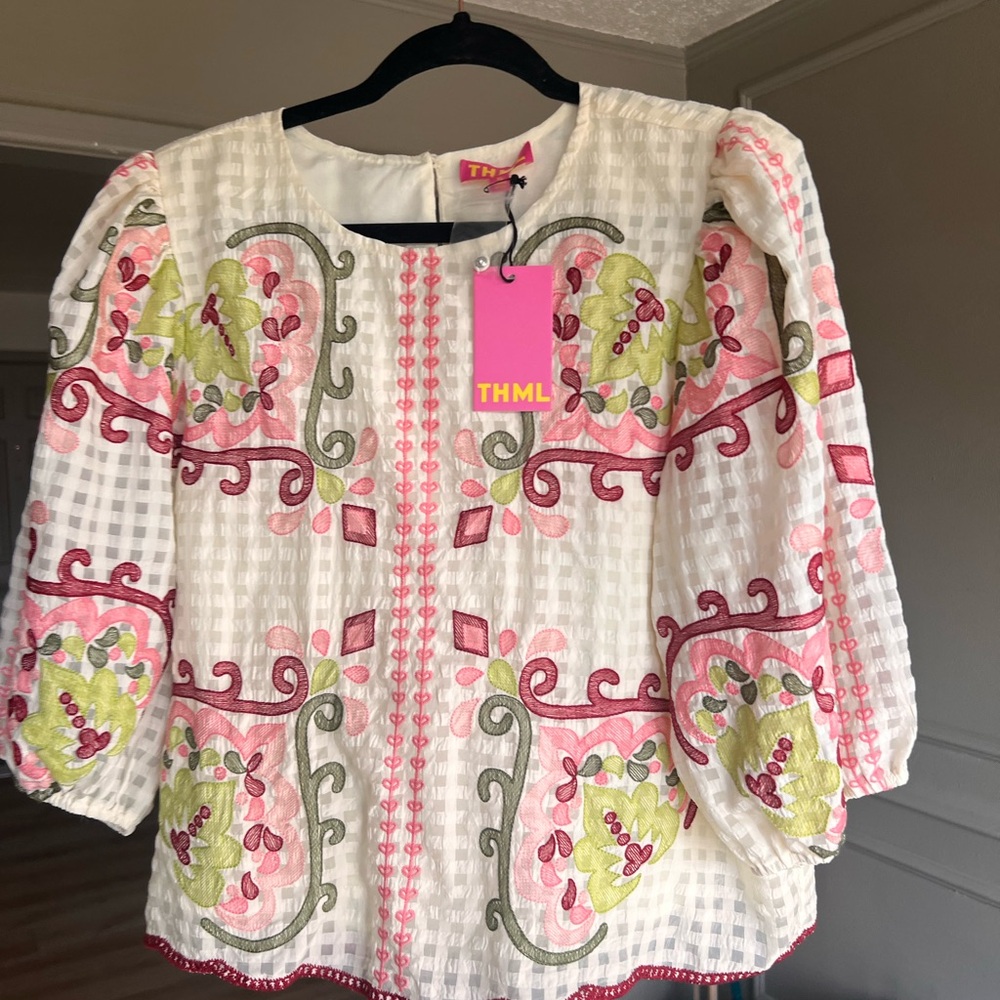 THML White Embroidered Cotton Top with Pink & Green Floral Detail